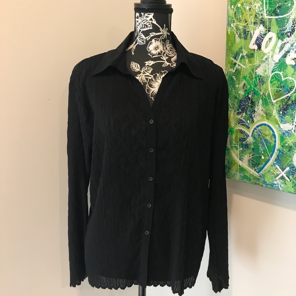 Nicola Button Front Women Blouse Black Textured Stretchy Long Sleeves